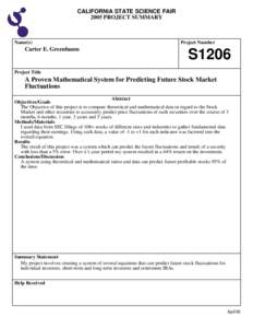 CALIFORNIA STATE SCIENCE FAIR 2005 PROJECT SUMMARY Name(s)  Carter E. Greenbaum