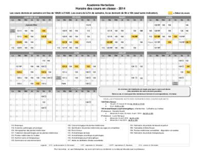 Académie Herboliste  Horaire des cours en classe[removed]Les cours donnés en semaine ont lieu de 18h30 à 21h30. Les cours de la fin de semaine, ils se donnent de 9h à 16h (sauf autre indication).  ____ = Début du cou