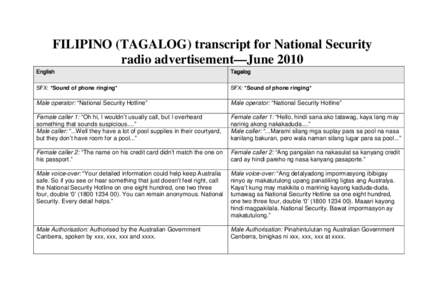 FILIPINO (TAGALOG) transcript for National Security radio advertisement—June 2010 English Tagalog