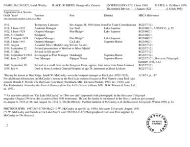 NAME: MCCAULEY, Isaiah Wesley[removed]PLACE OF BIRTH: Orangeville, Ontario[removed]ENTERED SERVICE: 1 June 1918