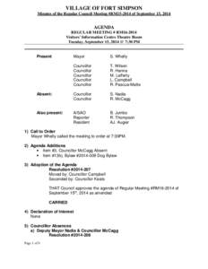 VILLAGE OF FORT SIMPSON  Minutes of the Regular Council Meeting #RM15-2014 of September 15, 2014 AGENDA