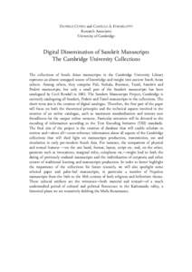 DANIELE CUNEO and CAMILLO A. FORMIGATTI Research Associates University of Cambridge Digital Dissemination of Sanskrit Manuscripts The Cambridge University Collections