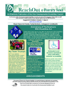 An Electronic Publication of the Ohio Developmental Disabilities Council It is the policy of the Ohio Developmental Disabilities Council to use person-ﬁrst language in items written by staff. Items reprinted or quoted 