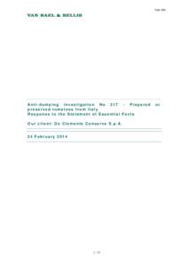 Folio 398  Anti-d ump ing investigatio n No[removed]Prepared p re se rved to mato es f ro m Ital y Respo nse to the Statement o f Essential F acts O ur cl ie nt: De Cle me nte Co nse rve S.p. A.