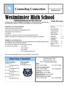 Counseling Connection  February 2014 Westminster High School Scheduling Reminders for[removed]School Year