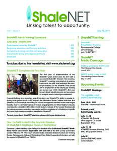 July 18, 2011  Vol 1. Issue 3 ShaleNET Jobs & Training Scorecard June 2010 – March 2011