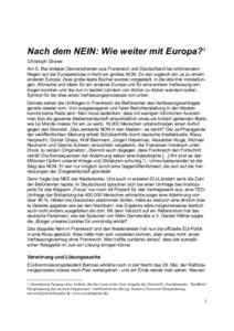 Nach dem NEIN: Wie weiter mit Europa?1 Christoph Strawe Am 5. Mai bildeten Demonstranten aus Frankreich und Deutschland bei strömendem Regen auf der Europabrücke in Kehl ein großes NON. Es war zugleich ein Ja zu einem