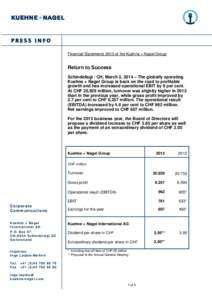 Financial Statements 2013 of the Kuehne + Nagel Group  Return to Success Schindellegi / CH, March 3, 2014 – The globally operating Kuehne + Nagel Group is back on the road to profitable growth and has increased operati