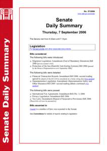 Senate Daily Summary - No[removed]Thursday 7 September 2006