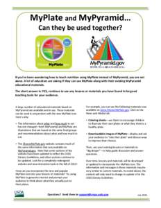 MyPlate and MyPyramid… Can they be used together? If you’ve been wondering how to teach nutrition using MyPlate instead of MyPyramid, you are not alone. A lot of educators are asking if they can use MyPlate along wit