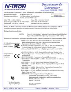 DECLARATION OF CONFORMITY According to EN/ISO/IEC[removed]This declaration of conformity is issued under the sole responsibility of the manufacturer. Manufacturer’s Name: