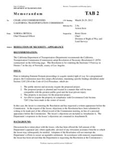 State of California DEPARTMENT OF TRANSPORTATION Business, Transportation and Housing Agency  TAB 2