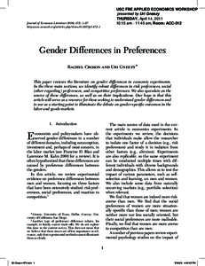 USC FBE APPLIED ECONOMICS WORKSHOP presented by Uri Gneezy THURSDAY, April 14, [removed]:15 am - 11:45 am, Room: ACC-312  Journal of Economic Literature 2009, 47:2, 1–27