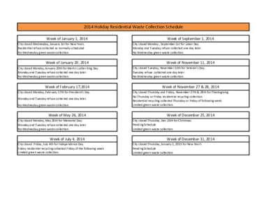 2014 Holiday Residential Waste Collection Schedule Week of January 1, 2014 City closed Wednesday, January 1st for New Years. Residential refuse collected as normally scheduled No Wednesday green waste collection.