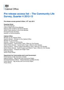 Pre release access list – The Community Life Survey, Quarter[removed]Pre-release access granted 9.30am, 18th July 2013 Downing Street The Prime Minister Chief of Staff to the Prime Minister