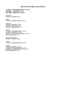 2001 ATPI Top Program Award Winners 1st Place - The Kinkaid School, Houston 2nd Place - Trinity HS, Euless 2nd Place - Martin HS, Arlington Architecture 1st Place - Trinity HS, Euless