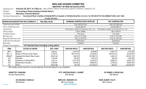 BIDS AND AWARDS COMMITTEE ABSTRACT OF BIDS AS CALCULATED February 20, 2015 at