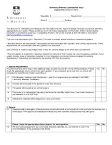 Summary of Needs (Laboratories only)* (Updated November 27, 2012 Requisition #___________________ Requisitioner:_______________________ Room #:_________________Building:_________________________________