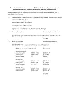 These minutes are being released as an unofficial record of the meeting and are subject to amendment/ratification at the next regular board meeting of the School Board The Regular Meeting of the Southwest Horizon School 