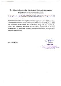 Dr.Babasaheb AmbedkarMarathwadaUniversity, Aurangabad Departmentof TourismAdministration Notificationfor Ph. D. CourseWork