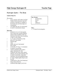 High Energy Hydrogen III  Teacher Page Hydrogen Sprint – The Body Student Objective