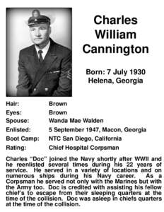 Charles William Cannington Born: 7 July 1930 Helena, Georgia Hair: