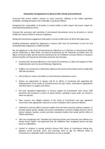 Declaration by Signatories to Geneva Call’s Deeds of Commitment Concerned that armed conflicts continue to cause enormous suffering to the civilian population worldwide, including among the most vulnerable, in particul