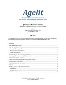 Agelit  A selected review of resources in geriatrics, gerontology & long-term care J.W. Crane Memorial Library