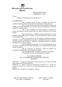 Universidad Nacional del Nordeste Rectorado RESOLUCION NºCORRIENTES, VISTO: El Proyecto de Ordenanza de Carrera Docente; y