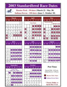 2003 Standardbred Race Dates Hoosier Park - 50 dates (March 22 - May 30) Indiana Downs[removed]dates (June 3 - October 18) March S M