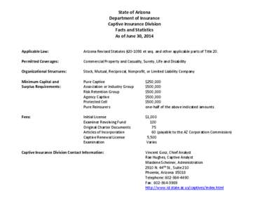 State of Arizona Department of Insurance Captive Insurance Division Facts and Statistics As of June 30, 2014 Applicable Law: