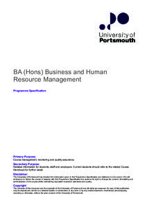 BA (Hons) Business and Human Resource Management Programme Specification Primary Purpose: Course management, monitoring and quality assurance.