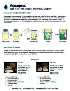 Aquagenx  Safe water for anyone, anywhere, anytime Aquagenx Compartment Bag Test The Aquagenx Compartment Bag Test (CBT) is a simple, portable water quality test kit that determines if water contains E. coli bacteria and