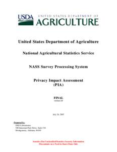 United States Department of Agriculture National Agricultural Statistics Service NASS Survey Processing System  Privacy Impact Assessment