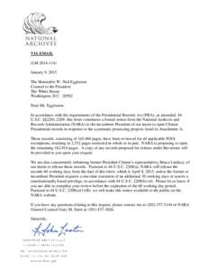 Letter of Notification of Presidential Records Release (Clinton)