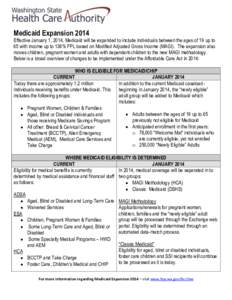 Medicaid Expansion[removed]Effective January 1, 2014, Medicaid will be expanded to include individuals between the ages of 19 up to 65 with income up to 138% FPL based on Modified Adjusted Gross Income (MAGI). The expansio