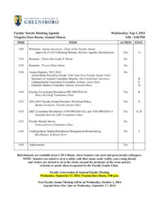 Faculty Senate Meeting Agenda Virginia Dare Room, Alumni House TIME Wednesday, Sep 3, 2014 3:00 – 5:00 PM