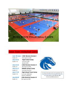 2014 Boise State Volleyball Camps Boise State Volleyball Camp June 30-July 2 Little Broncos Session I Grades 4-6