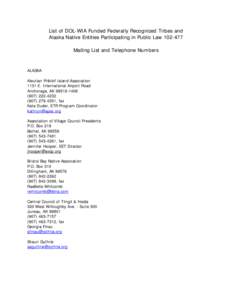 List of DOL-WIA Funded Federally Recognized Tribes and Alaska Native Entities Participating in Public Law[removed]Mailing List and Telephone Numbers ALASKA Aleutian Pribilof Island Association
