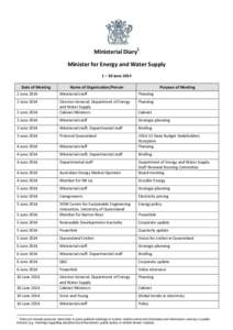 Minister for Energy and Water Supply Ministerial Diary June 2014