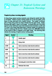 Chapter 21: Tropical Cyclone and Rainstorm Warnings Tropical cyclone warning signals In Hong Kong, tropical cyclones normally occur during the months from May to November. Tropical cyclone warning signals are to warn the