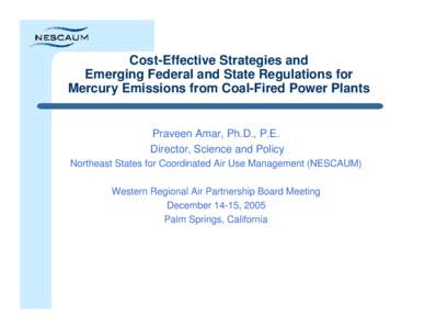 Cost-Effective Strategies and Emerging Federal and State Regulations for Mercury Emissions from Coal-Fired Power Plants Praveen Amar, Ph.D., P.E. Director, Science and Policy