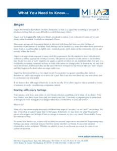 What You Need to Know… Anger Anger, the emotion that reflects our hurt, frustration, or fear, is a signal that something is not right. It produces feelings that are more difficult to control than many others. Anger may