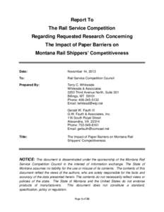 Report To The Rail Service Competition Regarding Requested Research Concerning The Impact of Paper Barriers on Montana Rail Shippers’ Competitiveness
