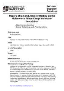 Papers of Ian and Jennifer Hartley on the Molesworth peace camp Collection Description