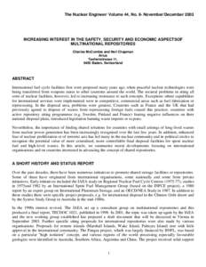 The Nuclear Engineer/ Volume 44, No. 6- November/December[removed]INCREASING INTEREST IN THE SAFETY, SECURITY AND ECONOMIC ASPECTSOF MULTINATIONAL REPOSITORIES Charles McCombie and Neil Chapman Arius