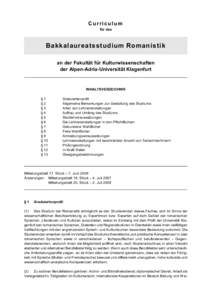 C urriculum für das Bakkalaureatsstudium Romanistik an der Fakultät für Kulturwissenschaften der Alpen-Adria-Universität Klagenfurt