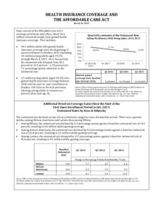 HEALTH INSURANCE COVERAGE AND THE AFFORDABLE CARE ACT March 16, 2015 Since several of the Affordable Care Act’s coverage provisions took effect, about 16.4