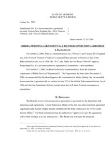 STATE OF VERMONT PUBLIC SERVICE BOARD Docket No[removed]Amendment No. 1 to Interconnection Agreement between Verizon New England, Inc., d/b/a Verizon Vermont, and Trinsic Communications, Inc.
