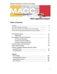 2014 Legislative Report Table of Contents Foreword…………………………………………………………………………….……………………..... 2014 MACC Legislative Committee…………………